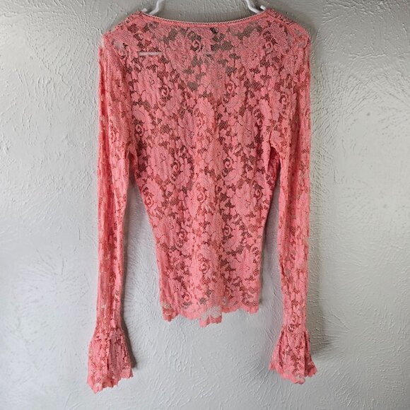 Moda Floral Lace Blouse Medium Pink Sheer Bell Sleeve Dressy Fairy Coquette Top - Picture 2 of 12